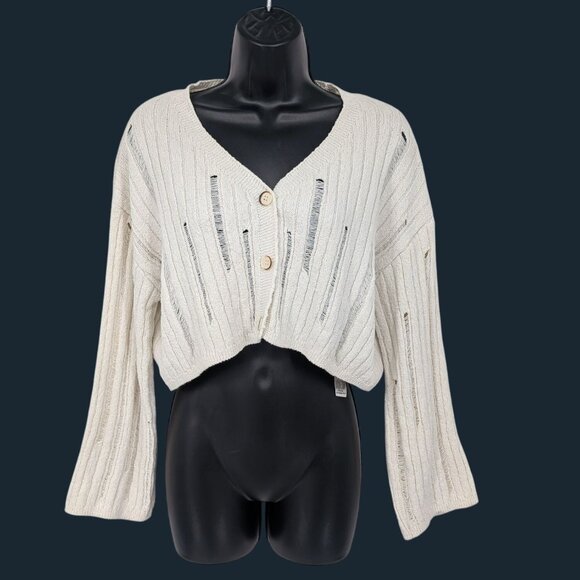 Zara Distressed Cropped Cardigan Women Size S Button Up Knit Ribbed Minimalist - Picture 1 of 9
